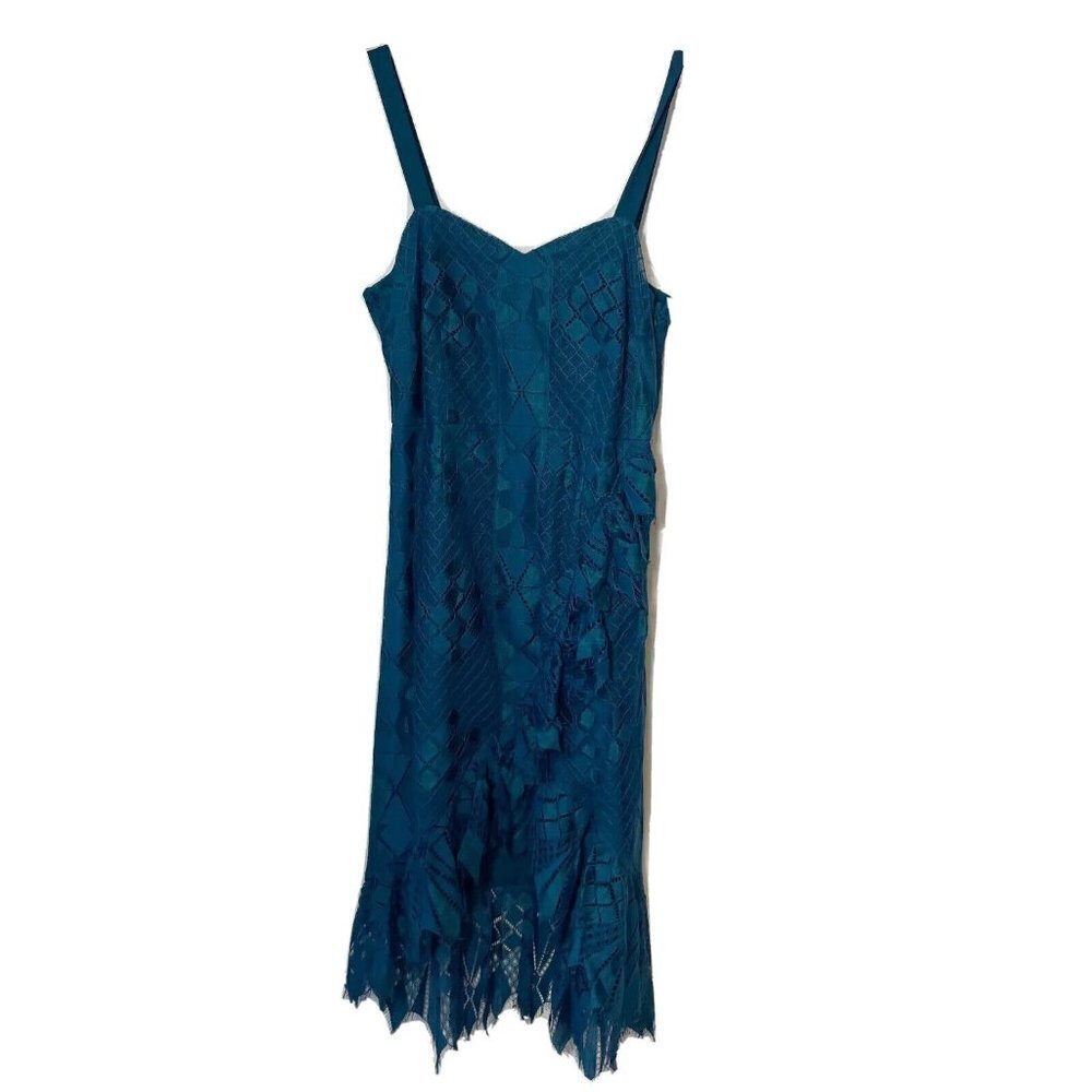 Foxiedox Womens Lace Ruffle Sleeveless Cocktail Dress Teal Blue S High Low NWT